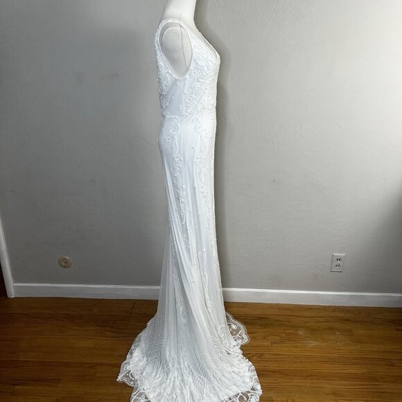 LULUS Wedding Dress Medium Passionate Romance White Beaded Sequin Mermaid Maxi - Picture 8 of 12